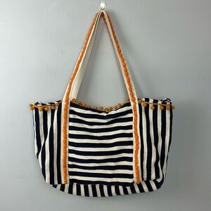 Paper & Source Striped Pom Pom Carry All Beach Tote Bag